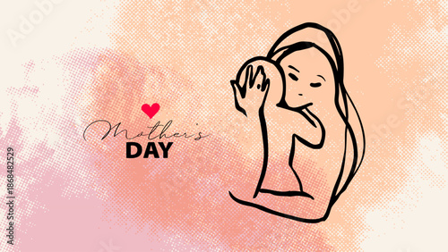 Happy Mother's Day greeting card. Mom and baby line art. Motherhood and newborn concept. Halftone watercolor soft background. Vector illustration