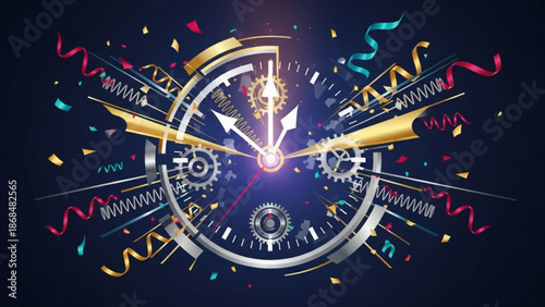 Vibrant clock face with colorful streamers and confetti on dark background celebrating time and joy with celebration and party and happy and new year