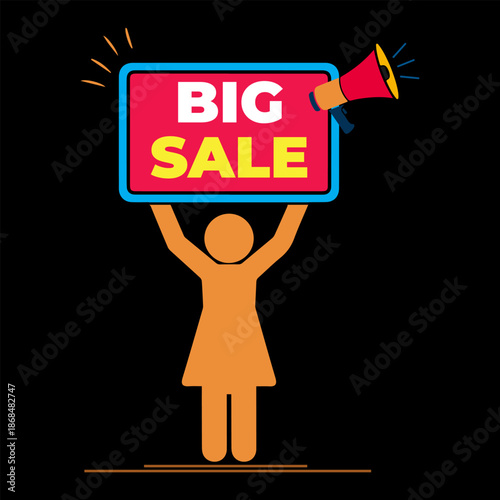 BIG SALE – Character with Colorful Board, Big Sale Announcement with Human Character and Megaphone Vector