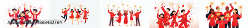 vector of friends playing with fireworks on Chinese New Year celebrations