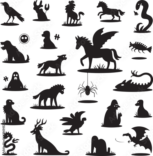 black silhouettes of various fantasy and real animals