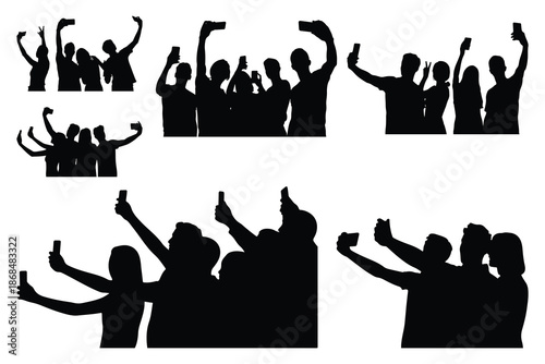 Silhouettes of people taking selfies and cheering crowd