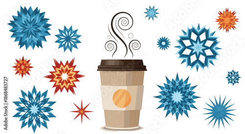 Winter-themed composition with a steaming paper coffee cup surrounded by colorful blue and orange geometric snowflakes on a clean white background.