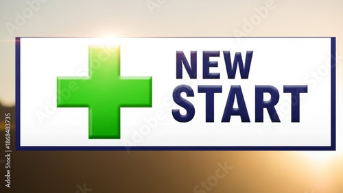 New beginnings concept with green cross and new start text on white background at sunrise with inspiration and motivation and hope and renewal