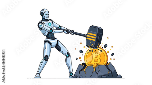 Robot smashing a gold coin with a large hammer on rocks