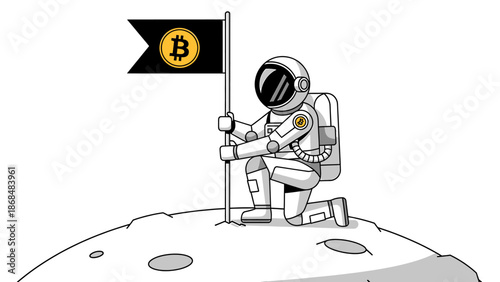 Astronaut Planting Bitcoin Flag on Lunar Surface in Space Suit from Low Angle