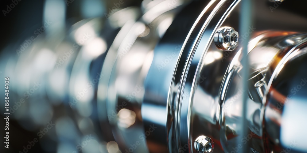Fototapeta premium Metal parts are lined up in a row showing reflections and shine inside a machine shop during daytime work hours