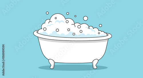 Simple cartoon illustration of a classic white clawfoot bathtub filled with soap bubbles, set against a solid light blue background.