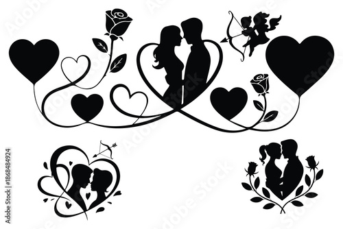 Black and white romantic couple silhouette with hearts and roses