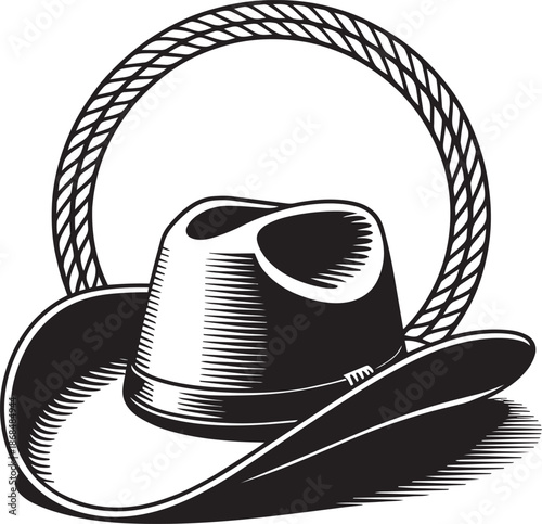 Woodcut style illustration of a cowboy hat framed by a lariat or rope in black and white