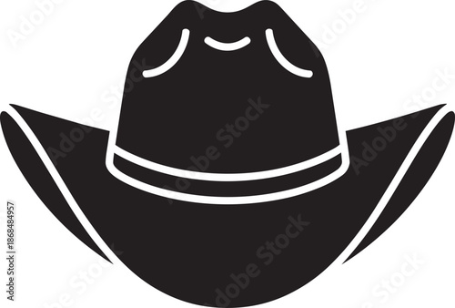 Black silhouette of traditional cowboy hat with turned up brim and crown indentations vector icon