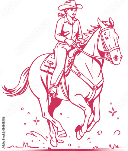 Cowgirl riding a horse running at speed, lasso and cowboy hat on the saddle