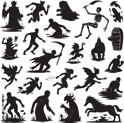 Black silhouettes of various monsters and creatures on white background