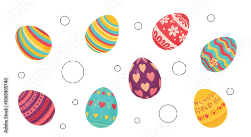 A festive collection of colorful and intricately decorated Easter eggs with various patterns, scattered on a white background.
