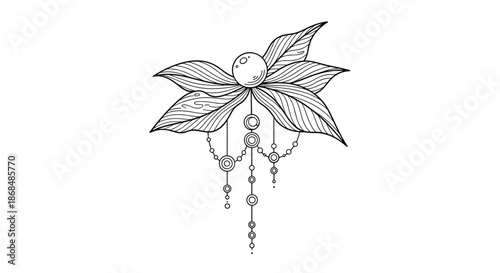 Elegant and intricate black line art illustration of a floral-like ornament with leaves, a central pearl, and hanging beads.