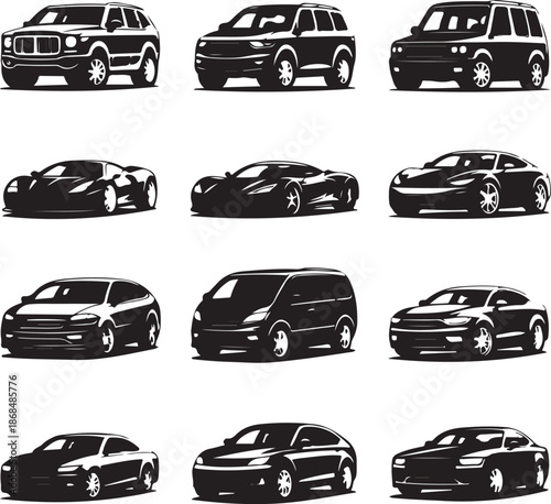 collection of various car types and models in black silhouette on white background