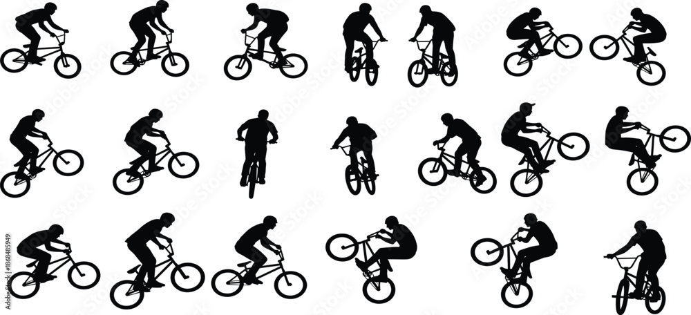 Fototapeta premium Black, silhouettes, of, bmx, riders, performing, jumps, and, stunts, set, of, mountain, bike, cycling, icons, for, extreme, sports, vector, graphics, and, design, elements.