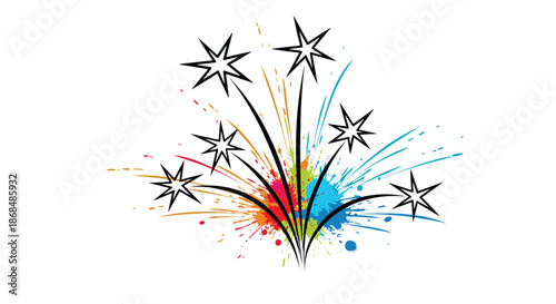 Abstract illustration of festive fireworks with black starbursts exploding over a vibrant splash of colorful paint splatters.