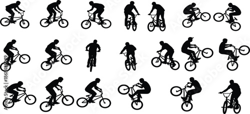 Black, silhouettes, of, bmx, riders, performing, jumps, and, stunts, set, of, mountain, bike, cycling, icons, for, extreme, sports, vector, graphics, and, design, elements.