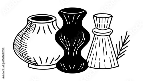 Three vases, black and white, with distinct shapes and line art, on a plain white background.