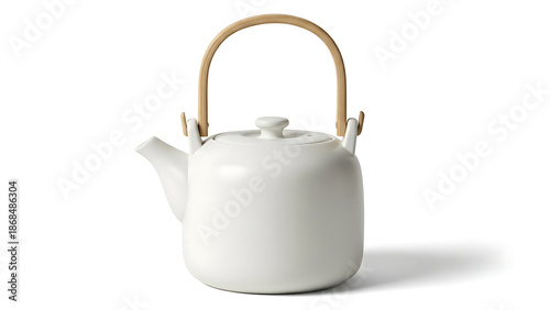 Elegant White Ceramic Teapot with Natural Bamboo Handle Isolated on White Background Minimalist Scandinavian Design Kitchenware for Brewing Loose Leaf Tea or Herbal Infusion Porcelain Tea Pot for Cozy