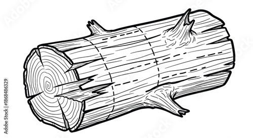 A detailed black and white line art illustration of a cut wooden log with bark, growth rings, and measurement lines.