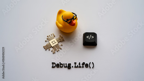 Debug.Life(): A conceptual shot with a yellow duck with glasses and the word Debug.Life() and symbol of code on top.