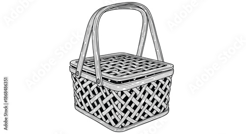 A detailed black and white line art illustration of a vintage wicker picnic basket with a lid and handle in an engraved style.