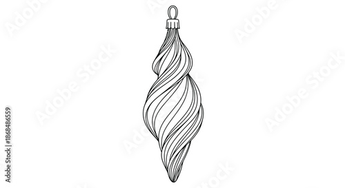 An elegant, swirled icicle Christmas ornament drawn in a detailed black and white line art style, isolated on a white background.