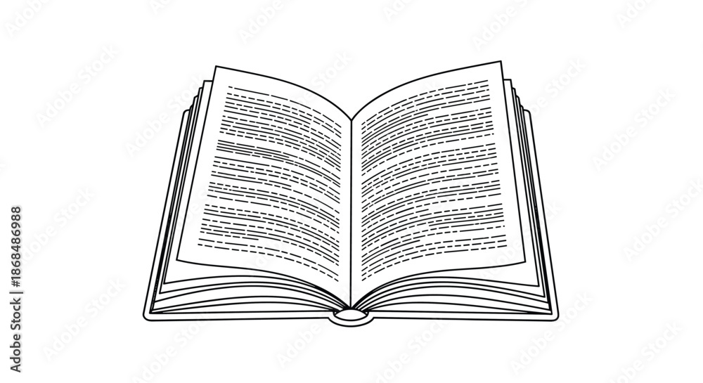 Fototapeta premium A detailed black and white line art illustration of an open book with text on its pages, representing reading and knowledge.
