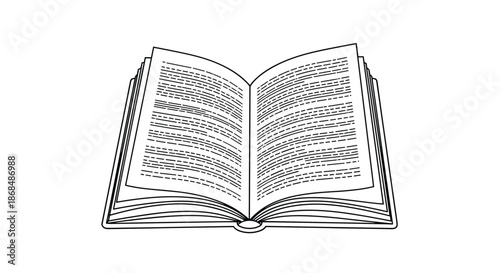 A detailed black and white line art illustration of an open book with text on its pages, representing reading and knowledge.