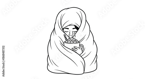 A cozy black and white line art illustration of a person wrapped in a warm blanket, enjoying a hot drink with marshmallows.