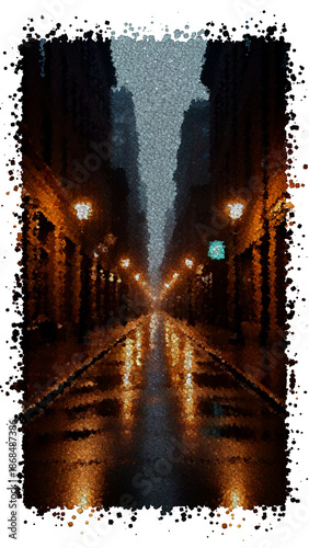 Empty Wet City Street at Night with Warm Lamps and Misty Depth Between Tall Urban Buildings, Made of Cubes
