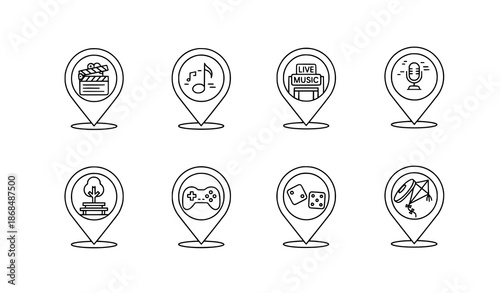 Landscape map pins vector icons for fun entertainment POI