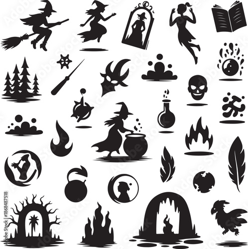 Black silhouettes of various witchcraft and magic symbols