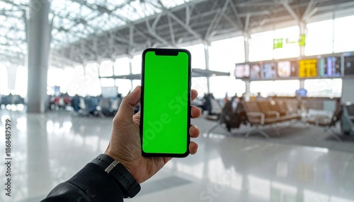Wallpaper Mural Person holding a smartphone with a green screen in an airport terminal. Torontodigital.ca
