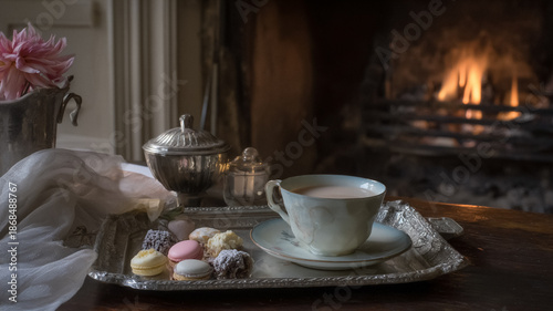 Afternoon tea with hot beverage, colorful macarons, and traditional silver service by a warming fireplace