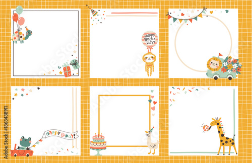 Vector set six square frames for kids birthday with cute animals like lion giraffe and sloth doodle cartoon style. Perfect for social media stationery packaging, holiday photo frame and invitations