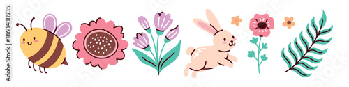 Small row of icons featuring rabbit honey bee and garden flowers. Perfect for simple seasonal labels sticker sets and delicate stationery borders