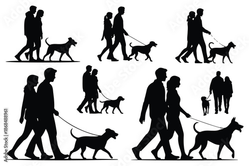 Silhouettes of People Walking Dogs in Black and White