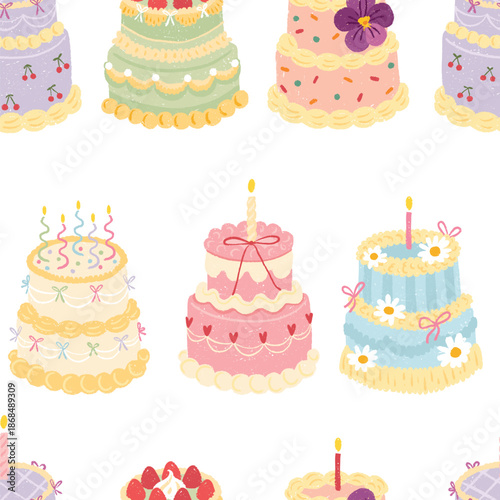 Seamless pattern with cute cakes for birthday celebration features colorful dessert, candles flowers and berries in doodle style for kids textiles packaging fabric, stationery. Textured pastel vector.