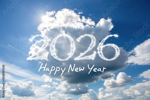 New year 2026 celebration with clouds and blue sky background with happy new year and festive and holiday and winter and clear day and bright day