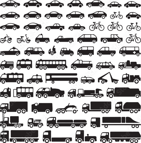 black and white illustration of various vehicles and bicycles