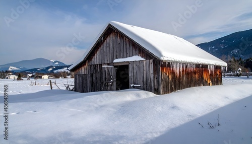 Rustic barn in snowy field, against mountains on a sunny winter day