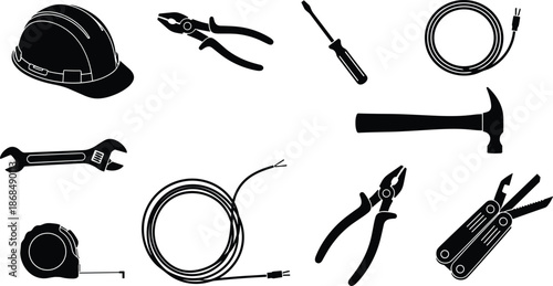 Tool silhouette set, wrench, screwdriver, pliers, hard hat, hammer, wire coil, tape measure, multi-tool, black vector icons
