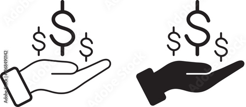 Hand with Dollar Money Icon Set with Editable Stroke Outline and Solid Styles.