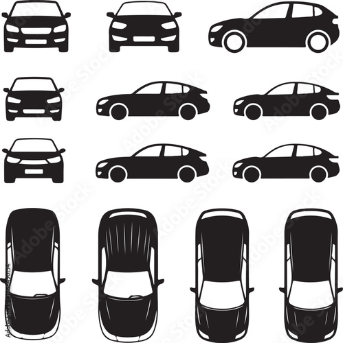 black silhouettes of cars and chairs on white background