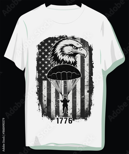 Patriotic t-shirt design with eagle and parachuter on American flag