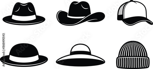 Hat silhouette set, fedora, cowboy hat, baseball cap, bowler, sun hat, beanie, black and white vector, fashion accessory icons