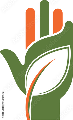 Minimalist logo of a leaf shaped like a hand flat two-color abstract clean vector design